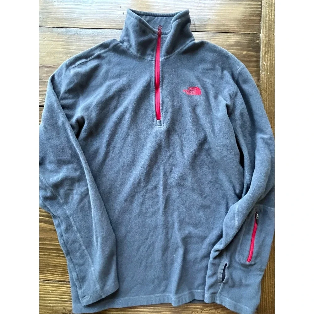 The North Face Mens Gray‎ Pink Quarter Zip Fleece Pullover Thumbhole Sleeve